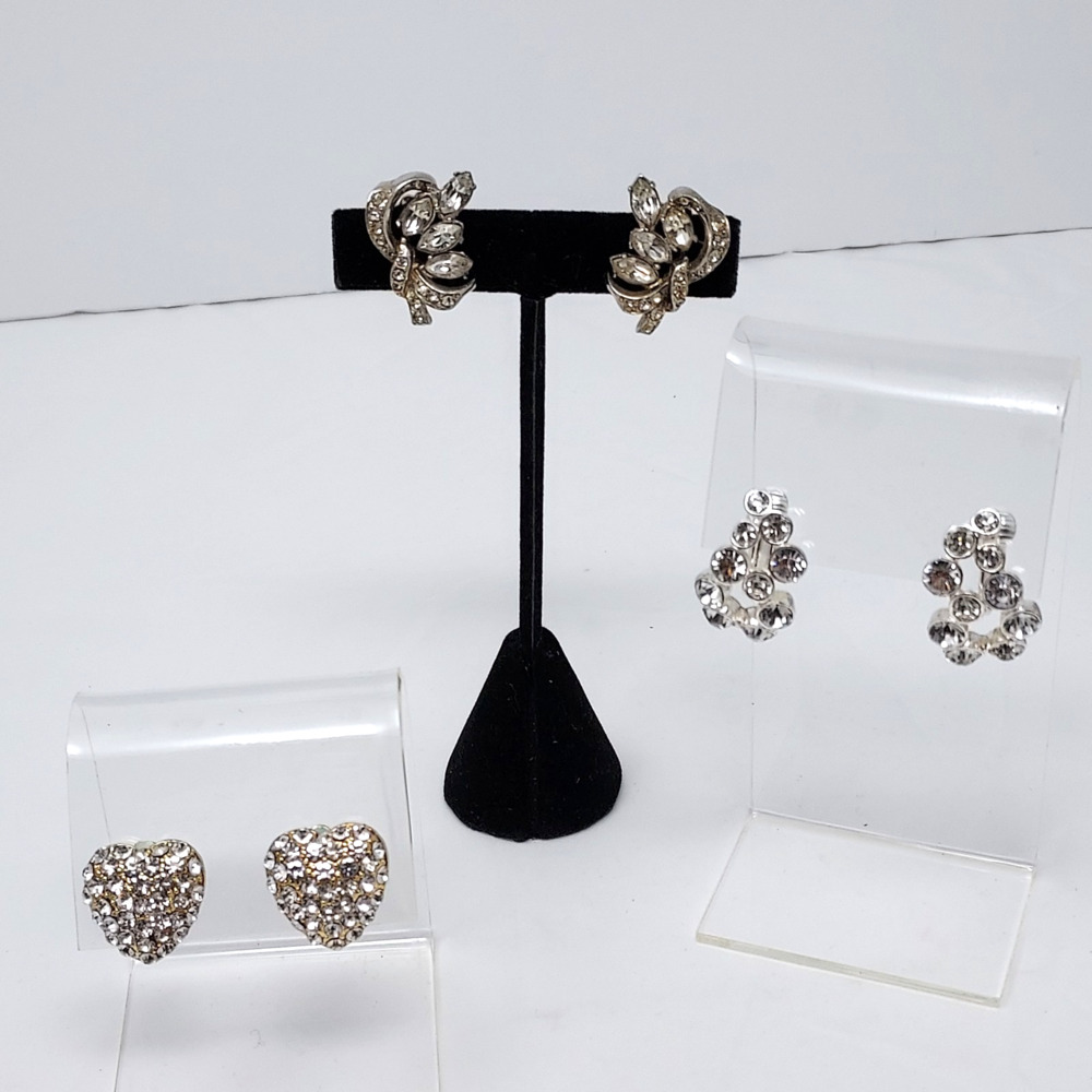 Vintage Earring Bundle Lot 3 Pairs Sparkle Bling Clip Ons Pavé Hearts MCM Ribbon